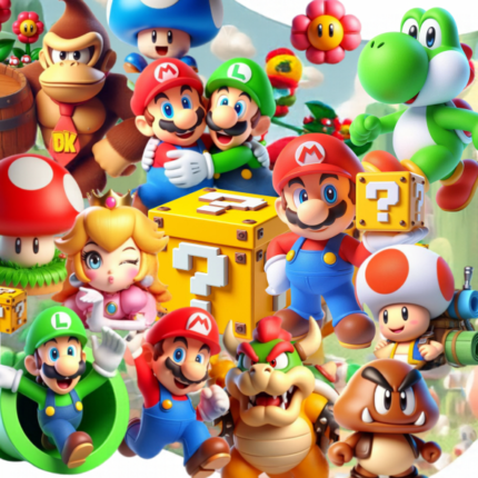 kit ClipArt Super Mario 3D PNG com Mario, Luigi, Peach e Yoshi em alta qualidade para festas e projetos.