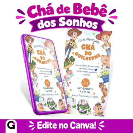Convite chá de bebê Toy Story aquarela editável no Canva, com Woody, Buzz Lightyear, Jessie, Rex, Betty, Hamm, Bala no Alvo, Alienígenas verdes, Sra. Cabeça de Batata e Sr. Cabeça de Batata, fundo branco com bolinhas coloridas simulando confetes.