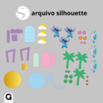 Topo de Bolo Cenário Stitch em camadas de papel, com Stitch sorrindo e acenando, cercado por elementos tropicais como palmeira, hibiscos, prancha de surfe e sol amarelo, sobre base oval dourada, pronto para festa.