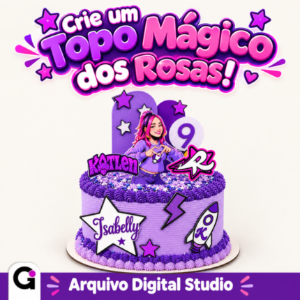 Topo de Bolo Katlen dos Rosas digital para Silhouette Studio com tema Os Rosas em tons de roxo, lilás e rosa choque.