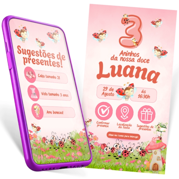 joaninha Convite Digital Interativo Joaninha para o aniversário de 3 anos da doce Luana, com design rosa, joaninhas fofas voando e jardim florido com casa de cogumelo.