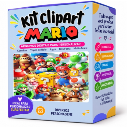 kit ClipArt Super Mario 3D PNG com Mario, Luigi, Peach e Yoshi em alta qualidade para festas e projetos.