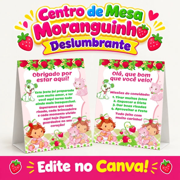 Plaquinha Centro de Mesa Moranguinho Baby com displays de boas-vindas 'Olá, que bom que você veio!' e agradecimento 'Obrigado por estar aqui!', decorados com Moranguinho Baby, seus bichinhos de estimação, morangos e flores para festas infantis.