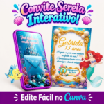 Convite Cinematográfico Interativo Sereia Ariel para aniversário de 13 anos da Gabriela, com cenário submarino e elementos animados de Ariel, Linguado e Sebastião.
