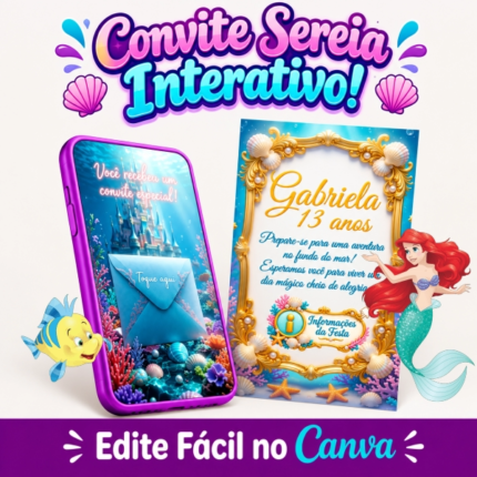 Convite Cinematográfico Interativo Sereia Ariel para aniversário de 13 anos da Gabriela, com cenário submarino e elementos animados de Ariel, Linguado e Sebastião.