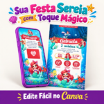 Convite Animado Interativo Sereia Cute para festa infantil, com Ariel chibi acenando, Rei Tritão, Linguado, Sebastião, fundo do mar azul, corais coloridos e botões clicáveis para localização e RSVP.