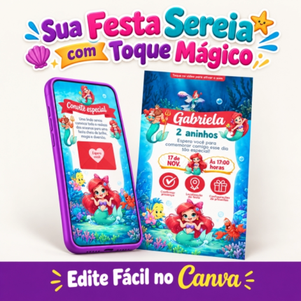 Convite Animado Interativo Sereia Cute para festa infantil, com Ariel chibi acenando, Rei Tritão, Linguado, Sebastião, fundo do mar azul, corais coloridos e botões clicáveis para localização e RSVP.
