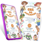 Convite chá de bebê Toy Story aquarela editável no Canva, com Woody, Buzz Lightyear, Jessie, Rex, Betty, Hamm, Bala no Alvo, Alienígenas verdes, Sra. Cabeça de Batata e Sr. Cabeça de Batata, fundo branco com bolinhas coloridas simulando confetes.