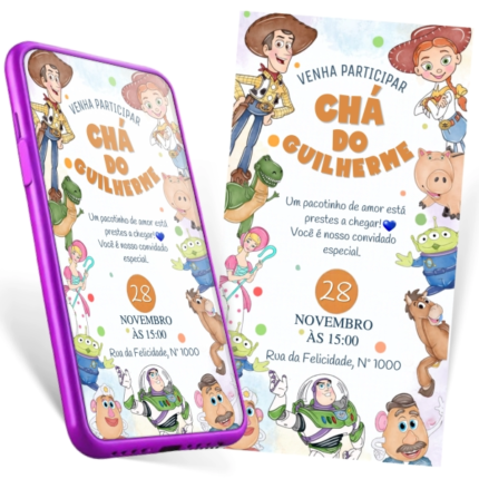Convite chá de bebê Toy Story aquarela editável no Canva, com Woody, Buzz Lightyear, Jessie, Rex, Betty, Hamm, Bala no Alvo, Alienígenas verdes, Sra. Cabeça de Batata e Sr. Cabeça de Batata, fundo branco com bolinhas coloridas simulando confetes.